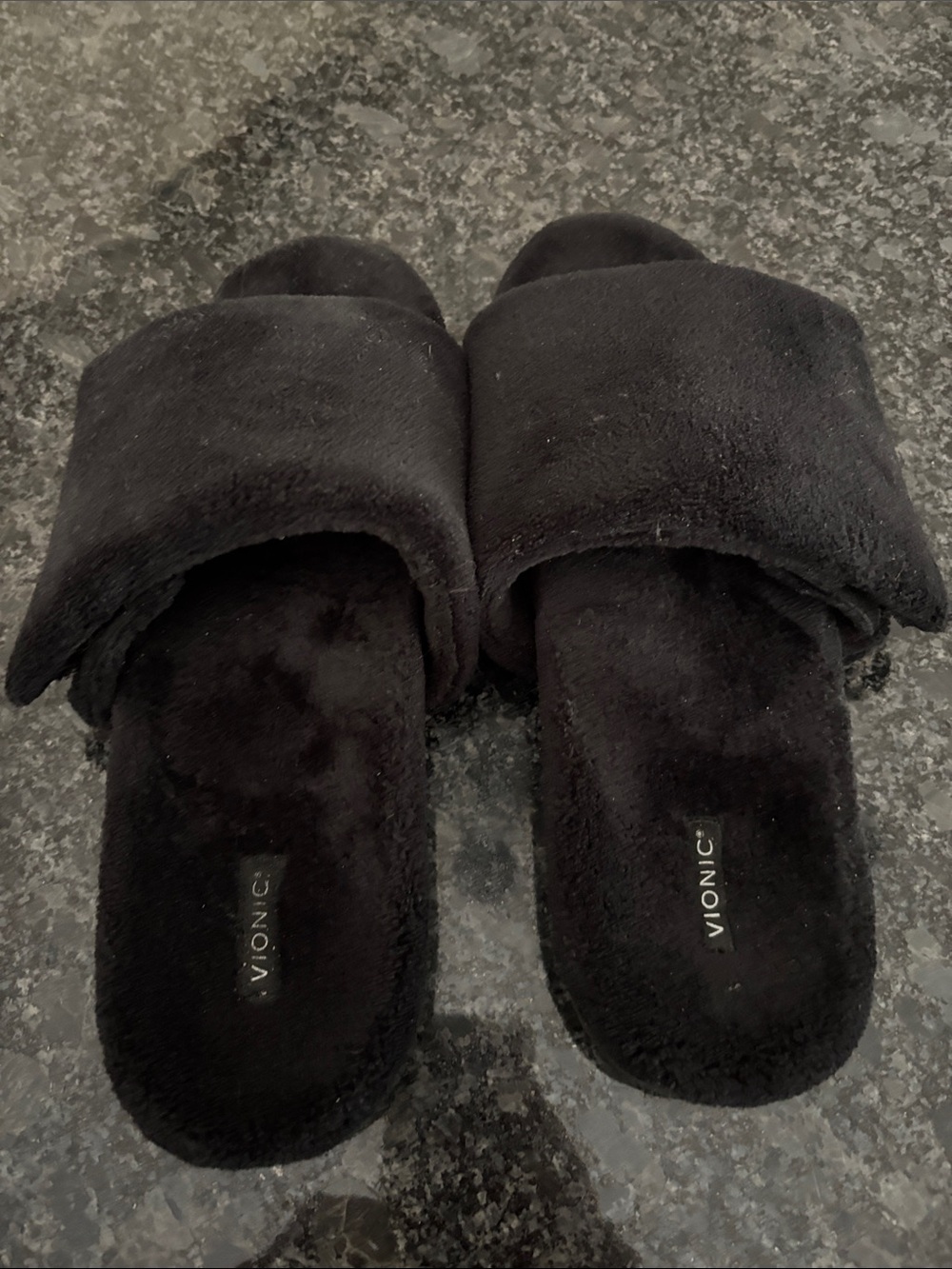 Vionic Black Plush Slide Sandals, soft, fuzzy, arch support